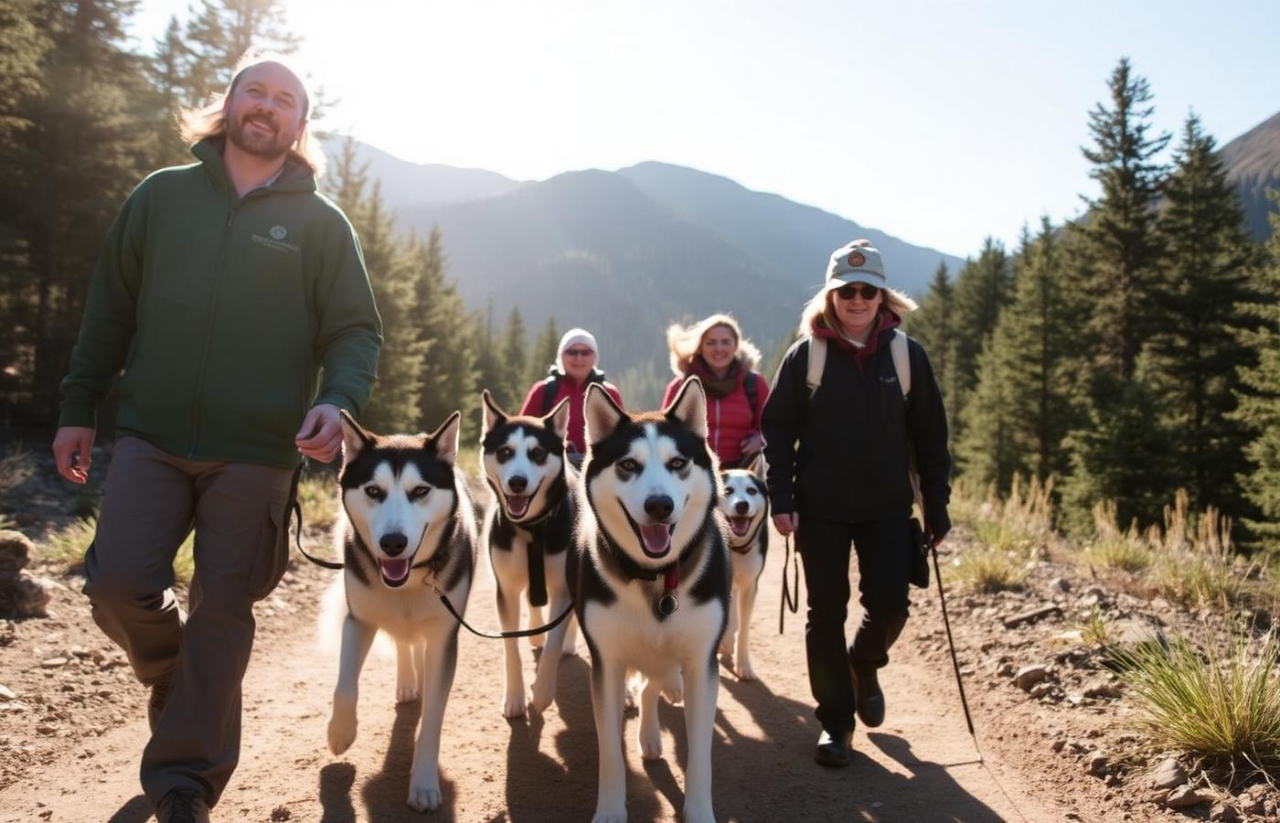 Volunteers walking rescued huskies on a mountain trail